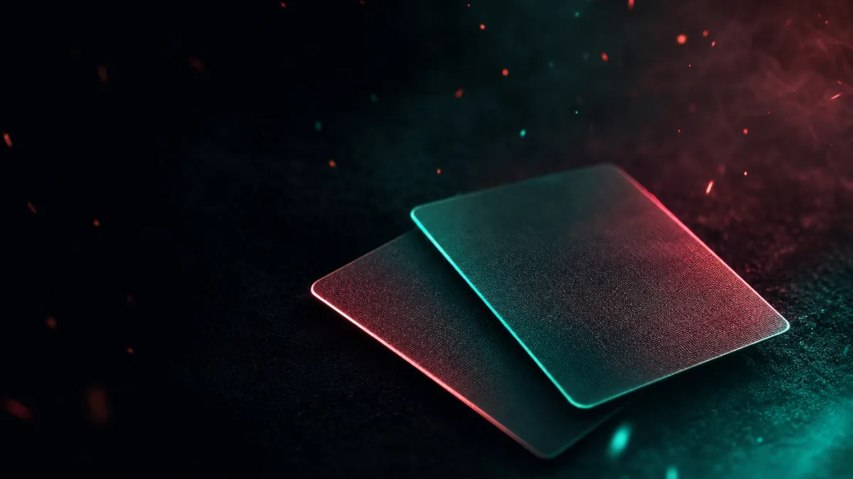 Dos cartas sobre tapete oscuro con luz coral y jade en los bordes