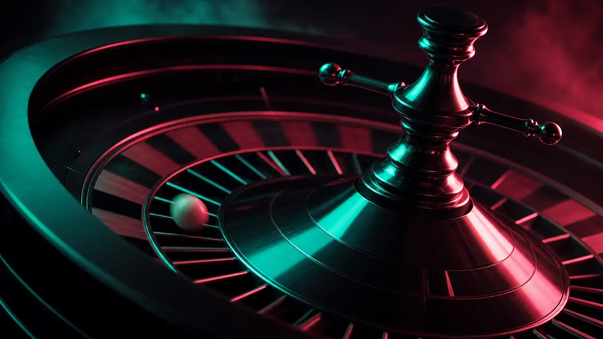 Primer plano de una ruleta con la bola en movimiento, iluminada en coral y jade