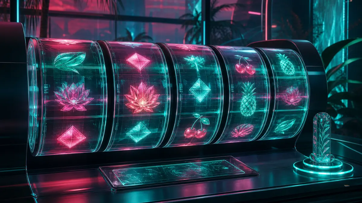 Rodillos de luz en movimiento que evocan una tragamonedas, sobre fondo oscuro